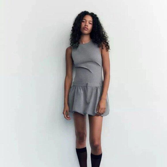 ZARA NEW WOMAN VOLUMINOUS SHORT Bubble Mini DRESS GREY Small 9122/554 - Picture 10 of 16